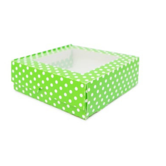 Flip Lid Windowed Boxes Made with Recycled Material -Green or PolkaDot Color